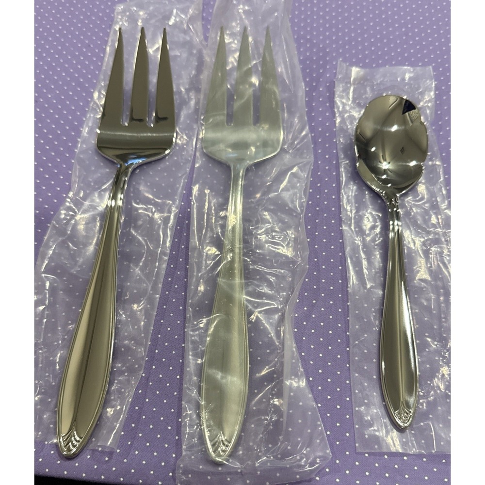 Lenox Covington Stainless Steel Flatware Meat Fork Sugar Spoon Set of 3 NEW